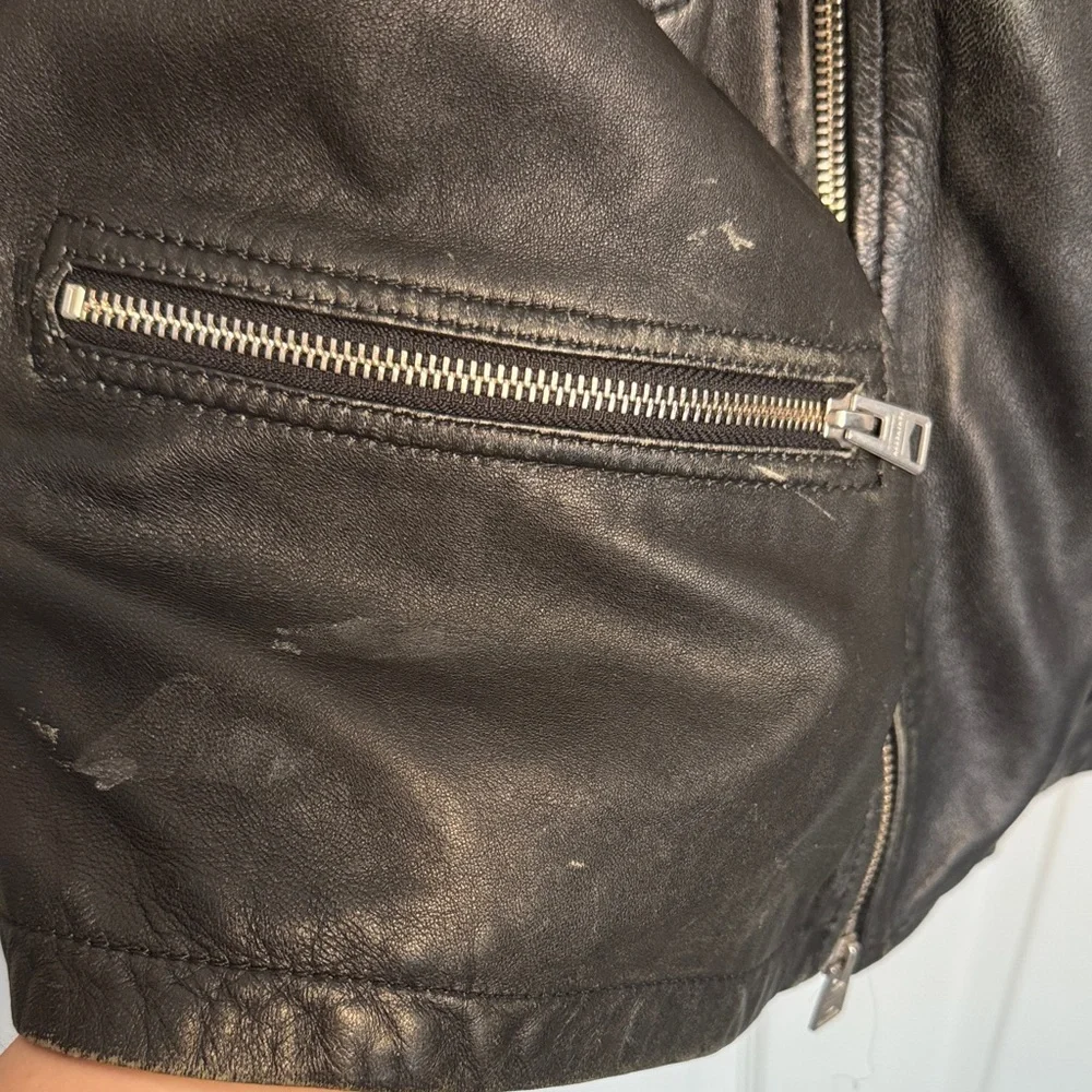 All Saints Mens Black Leather Biker Jacket with Quilted Shoulders